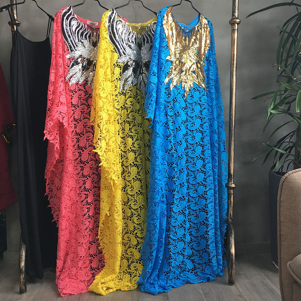 Clearance: hot-selling european, american, and african styles of water-soluble lace, loose-fitting maxi dresses with sequin-embroidered collars. high-end, elegant, and perfect for the sophisticated woman