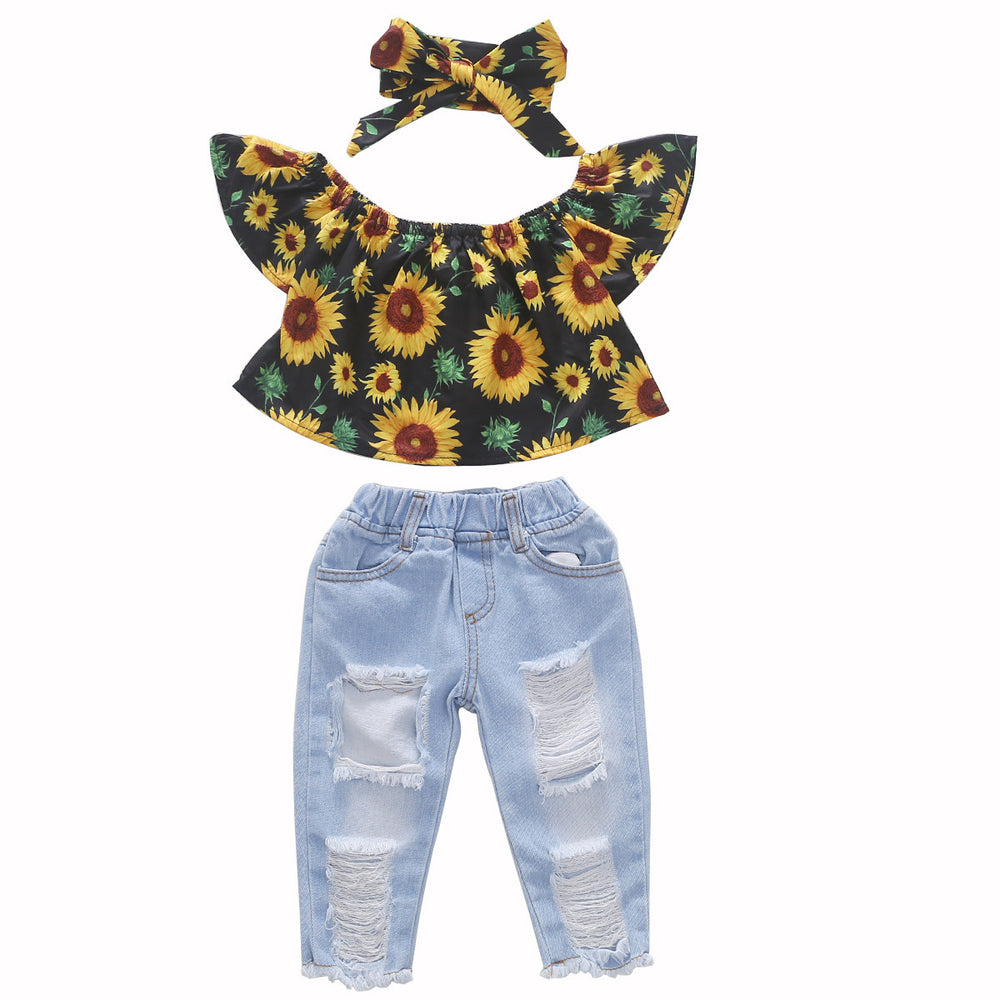 Amazon bestseller: girls' flutter sleeve woven sunflower print brushed denim distressed jeans, headscarf three-piece set - european & american style