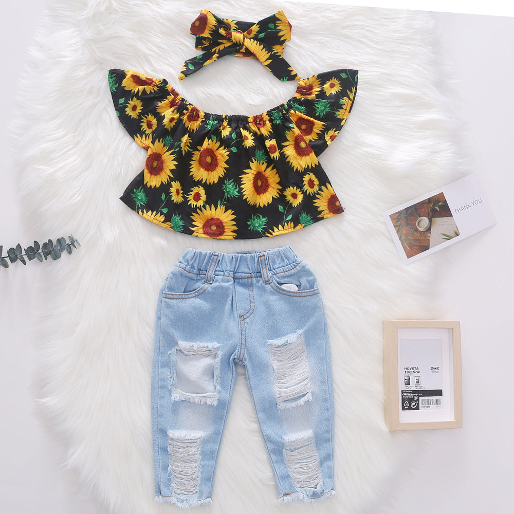 Amazon bestseller: girls' flutter sleeve woven sunflower print brushed denim distressed jeans, headscarf three-piece set - european & american style