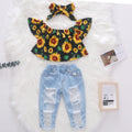 Amazon bestseller: girls' flutter sleeve woven sunflower print brushed denim distressed jeans, headscarf three-piece set - european & american style