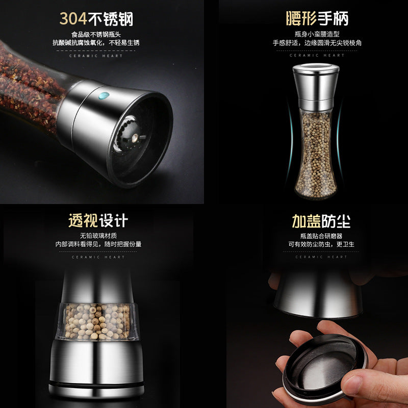 Cross-border 304 Stainless Steel Pepper Grinder Glass Pepper Pepper Coffee Grinder Manual Pepper Grinder Bottle