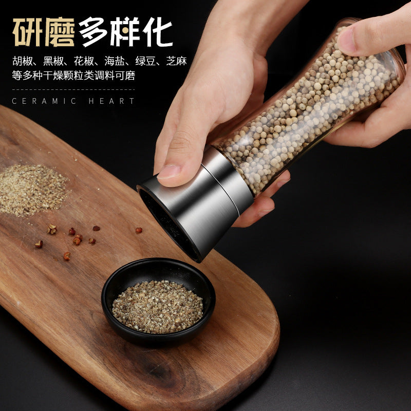 Cross-border 304 Stainless Steel Pepper Grinder Glass Pepper Pepper Coffee Grinder Manual Pepper Grinder Bottle