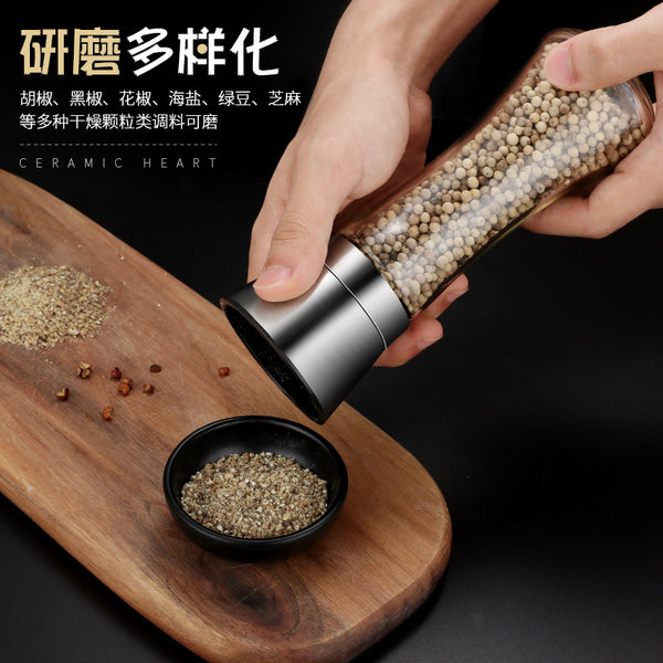 Cross-border 304 Stainless Steel Pepper Grinder Glass Pepper Pepper Coffee Grinder Manual Pepper Grinder Bottle