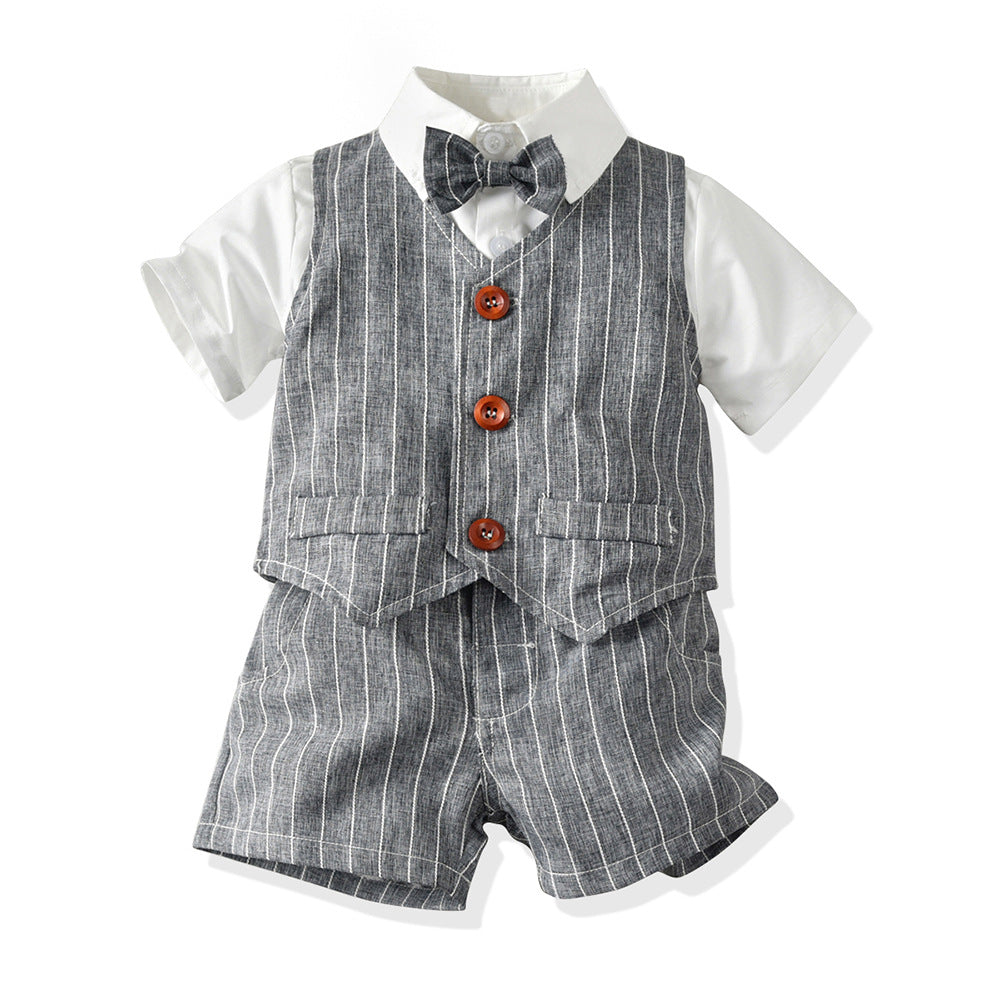 Children's spring/summer british style striped vest three-piece set - baby's first birthday outfit & occasion wear