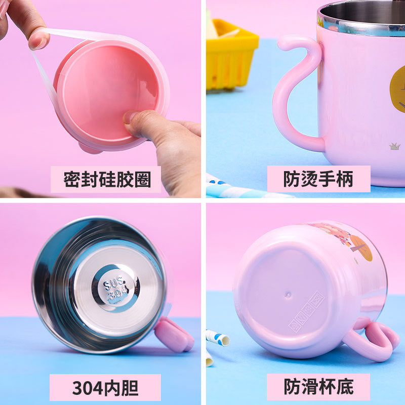 304 stainless steel kids' double-walled cup - milk sippy cup, cartoon design with lid, perfect for kindergarten, customizable with logo for gifts