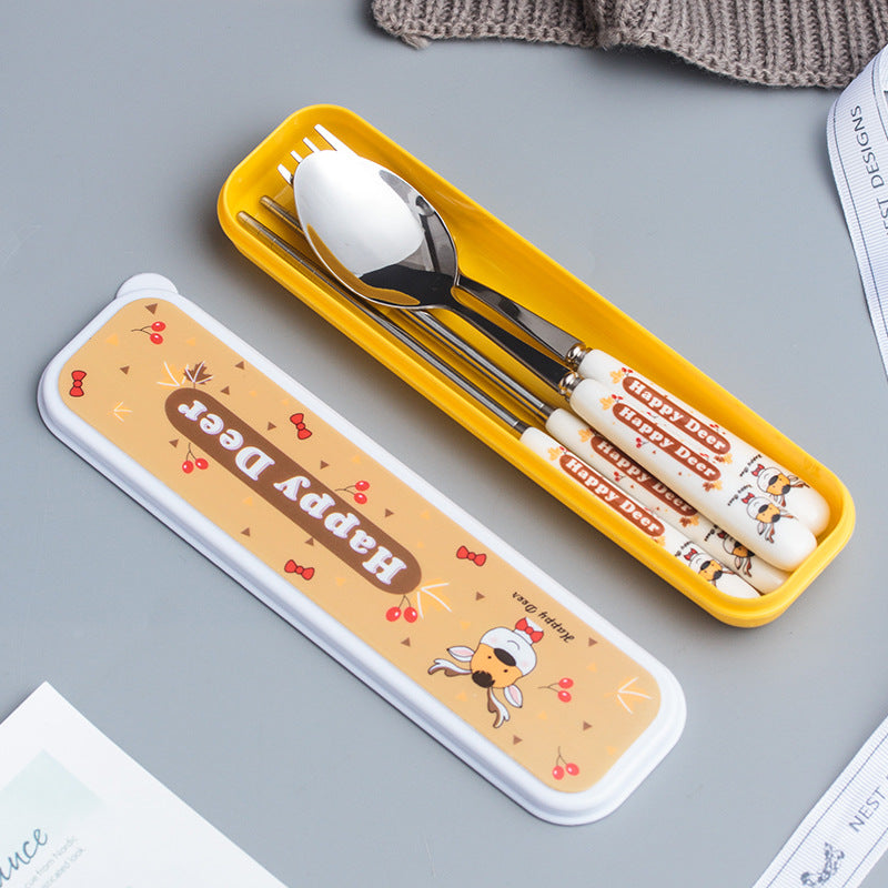 Creative children's ceramic stainless steel cutlery set - cartoon chopsticks, spoon, and fork - portable 3-piece dinnerware set - wholesale