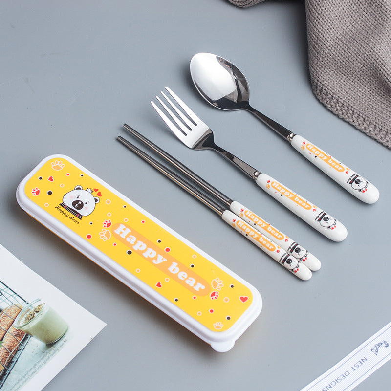 Creative children's ceramic stainless steel cutlery set - cartoon chopsticks, spoon, and fork - portable 3-piece dinnerware set - wholesale