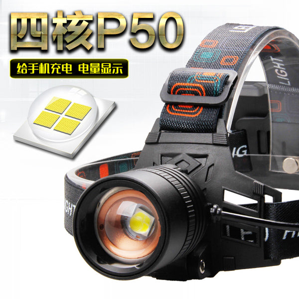 XHP50 second generation strong light USB charging power display headlight, telescopic zoom power bank type long-distance LED headlight