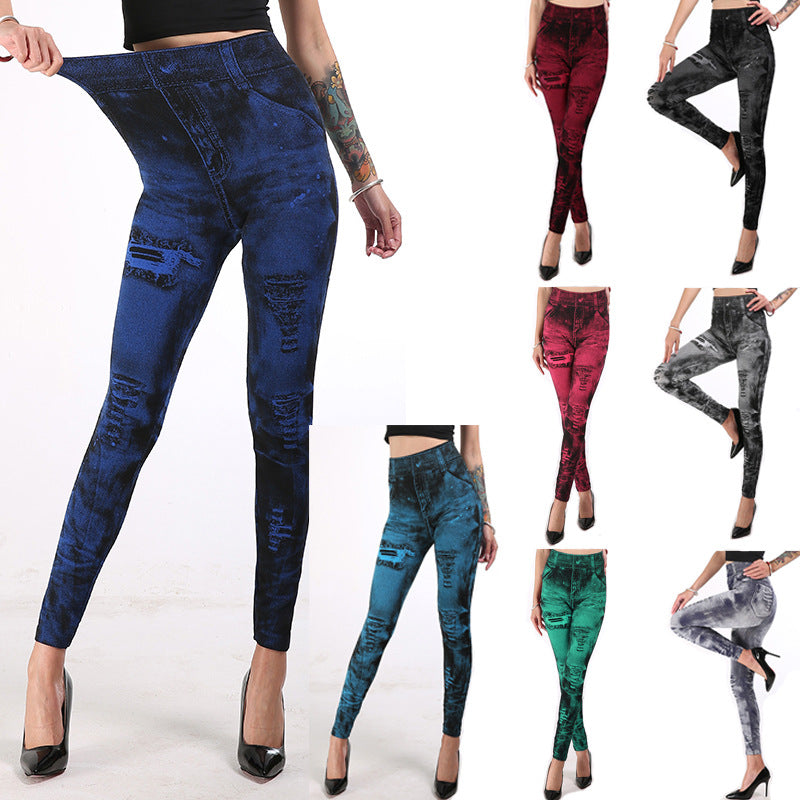 Wish  hot-selling faux denim leggings for women - cross-border bestseller, butt-lifting yoga pants, 8 colors