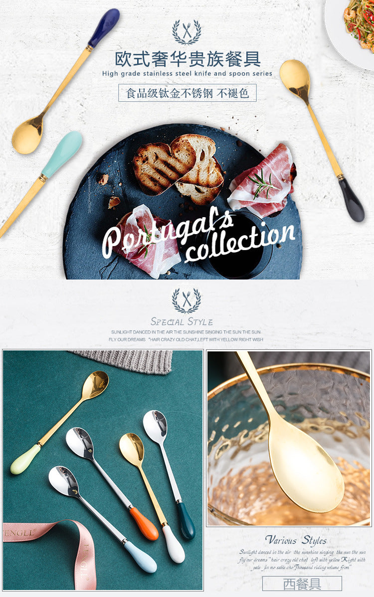dopamine color ceramic handle spoon for home stainless steel mixing spoon ice cream coffee spoon long handle spoon