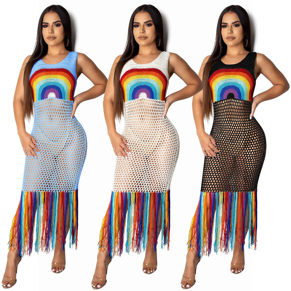 Amazon  hot selling fashion women's dress new arrival handmade rainbow cut out tassel beach long dress
