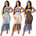 Amazon  hot selling fashion women's dress new arrival handmade rainbow cut out tassel beach long dress