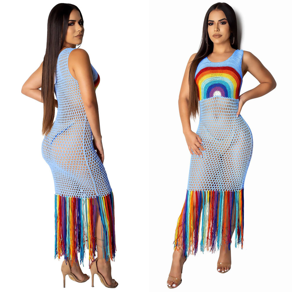 Amazon  hot selling fashion women's dress new arrival handmade rainbow cut out tassel beach long dress