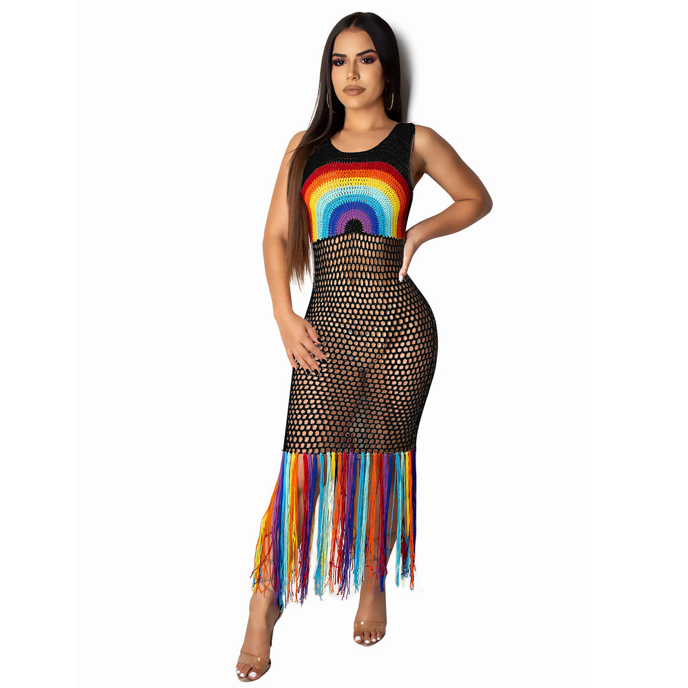 Amazon  hot selling fashion women's dress new arrival handmade rainbow cut out tassel beach long dress