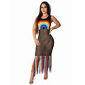 Amazon  hot selling fashion women's dress new arrival handmade rainbow cut out tassel beach long dress