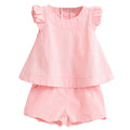 Summernew arrivalk-style fungus flying sleeves sleeveless pure colorsuitgirltwo-piece set children's clothing one piece dropshipping