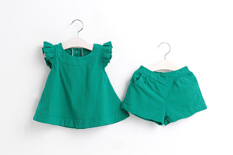Summernew arrivalk-style fungus flying sleeves sleeveless pure colorsuitgirltwo-piece set children's clothing one piece dropshipping