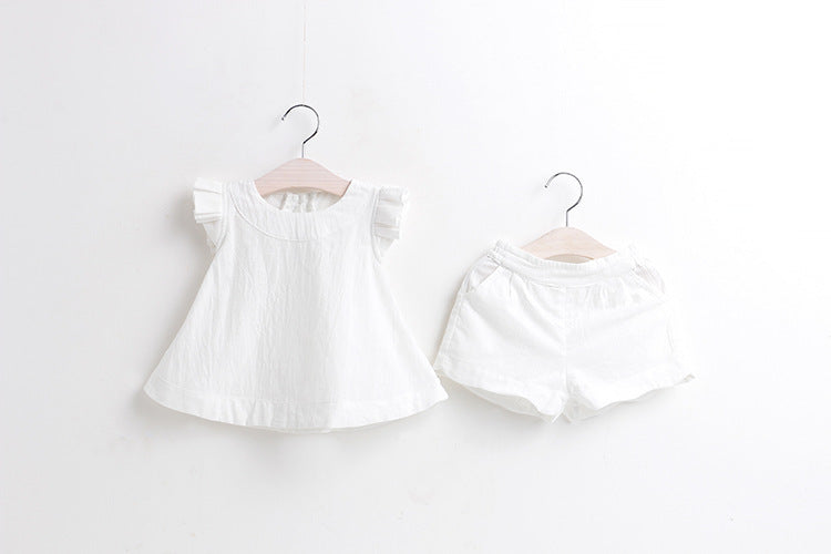 Summernew arrivalk-style fungus flying sleeves sleeveless pure colorsuitgirltwo-piece set children's clothing one piece dropshipping