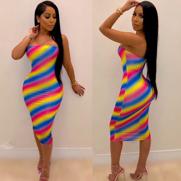 Z044   Source Europe and America Sexy Women's Sleeveless Rainbow Dress