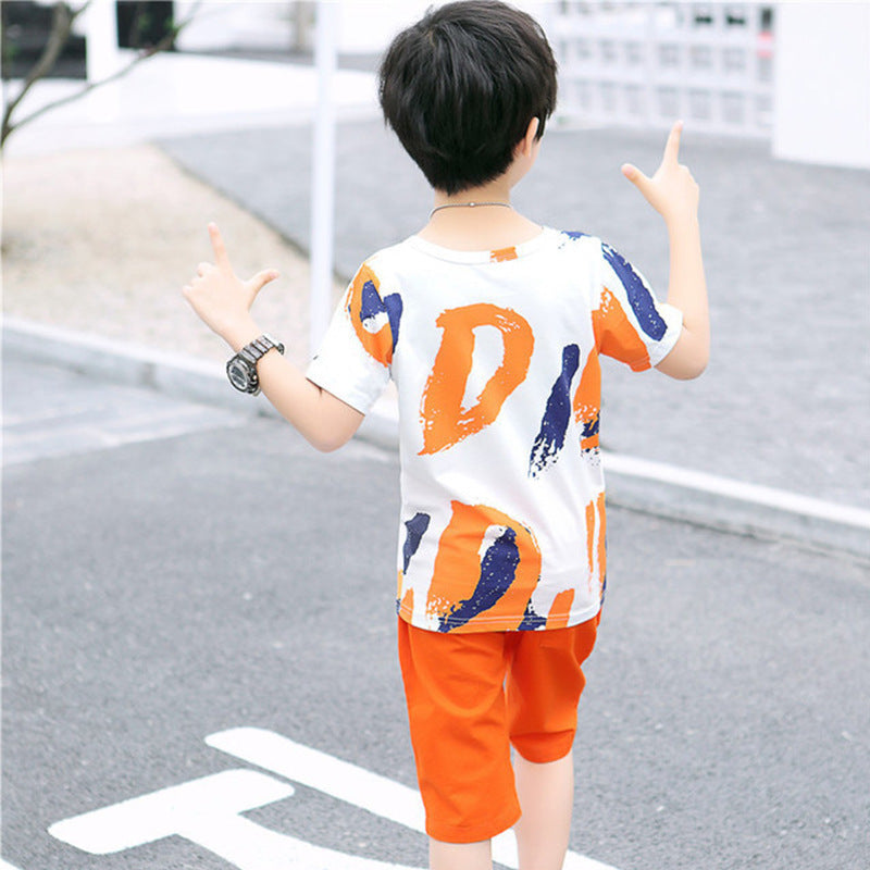 Boys' summer outfit  new collection: kids' summer short-sleeve two-piece set, korean style trendy for toddlers and young children