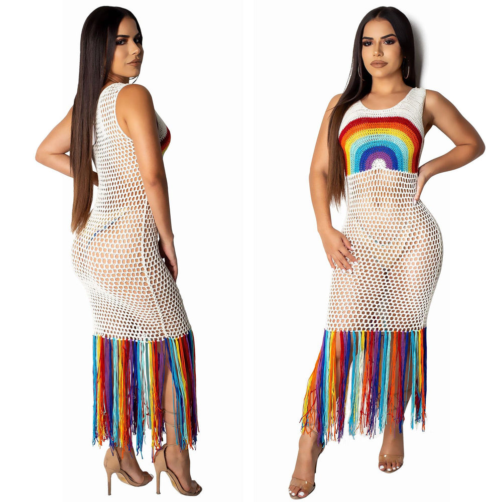 Amazon  hot selling fashion women's dress new arrival handmade rainbow cut out tassel beach long dress