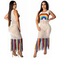 Amazon  hot selling fashion women's dress new arrival handmade rainbow cut out tassel beach long dress