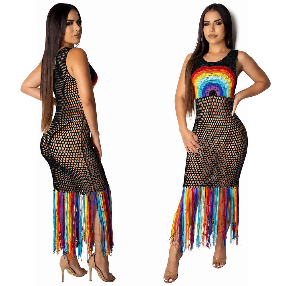 Amazon  hot selling fashion women's dress new arrival handmade rainbow cut out tassel beach long dress
