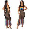 Amazon  hot selling fashion women's dress new arrival handmade rainbow cut out tassel beach long dress