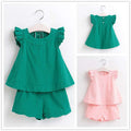 Summernew arrivalk-style fungus flying sleeves sleeveless pure colorsuitgirltwo-piece set children's clothing one piece dropshipping