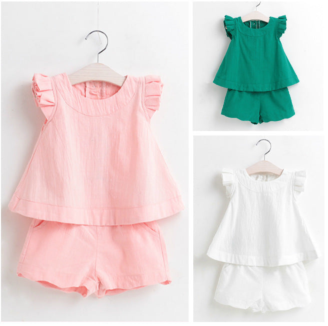 Summernew arrivalk-style fungus flying sleeves sleeveless pure colorsuitgirltwo-piece set children's clothing one piece dropshipping