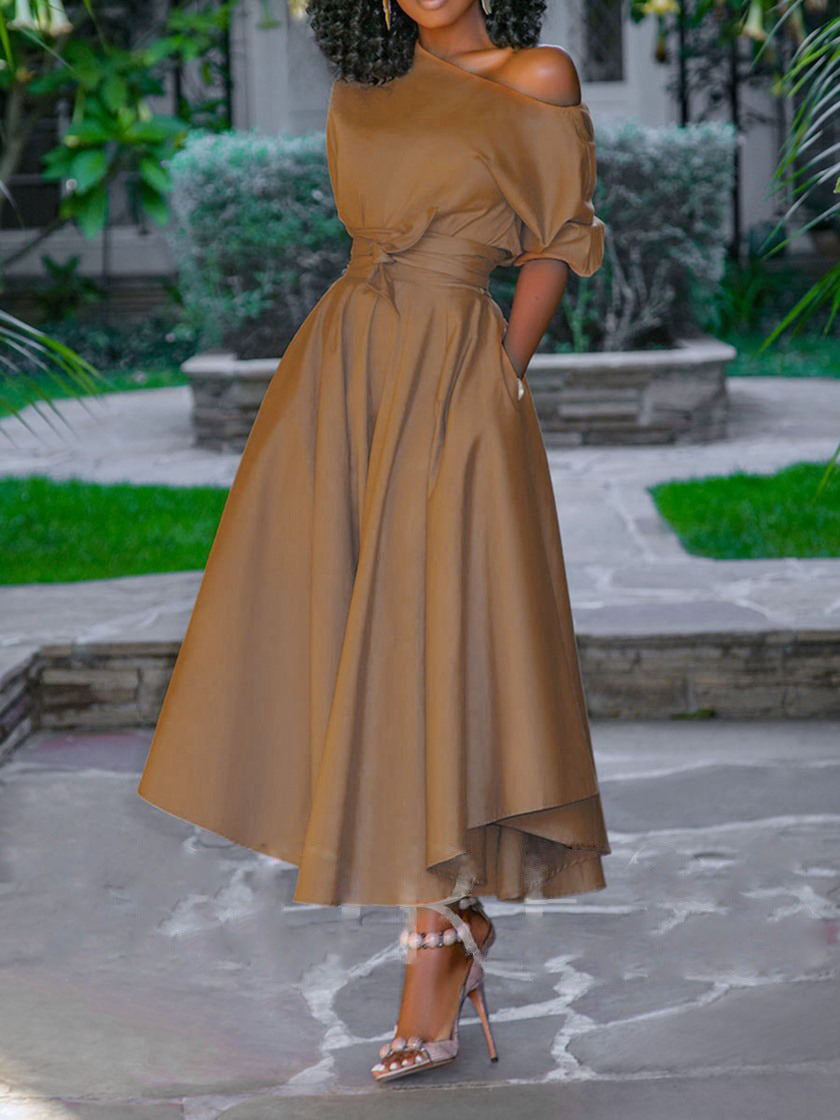 summer new cross-border e-commerce  european and american style women's one-shoulder tie-waist midi dress/midi skirt