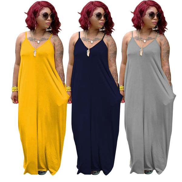 YZ1102 European and American  women's clothing    sexy casual solid color loose suspender dress