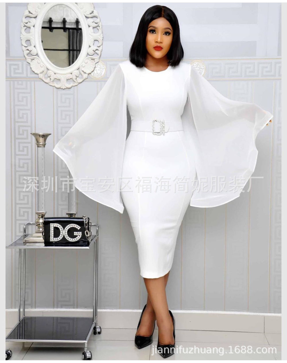 Fashion royal sister style silm tight hip-covering exaggerated large bell chiffon sleeves matching diamond large belt
