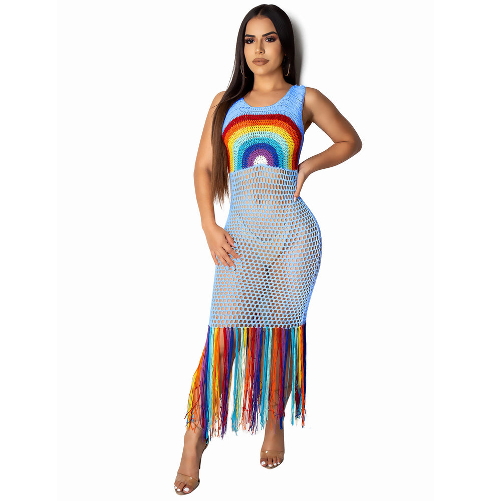 Amazon  hot selling fashion women's dress new arrival handmade rainbow cut out tassel beach long dress