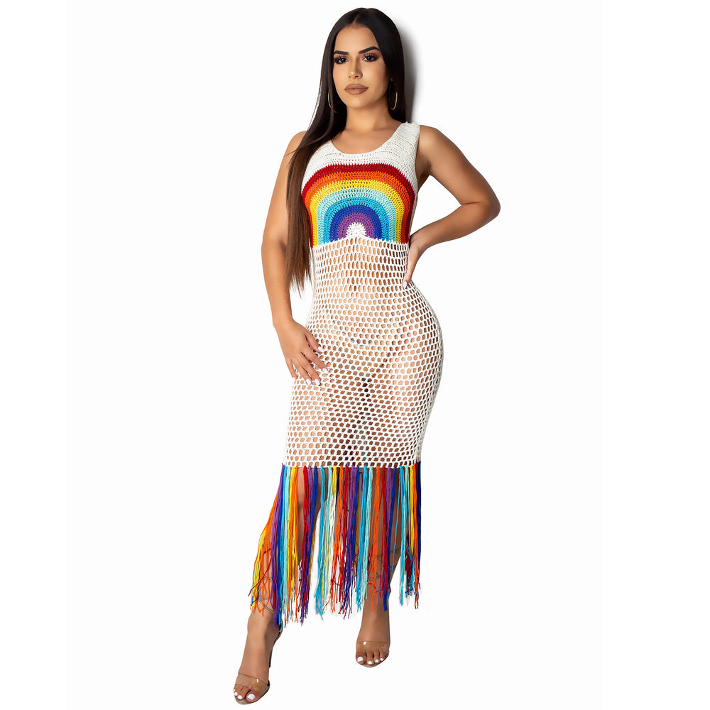 Amazon  hot selling fashion women's dress new arrival handmade rainbow cut out tassel beach long dress