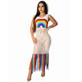 Amazon  hot selling fashion women's dress new arrival handmade rainbow cut out tassel beach long dress