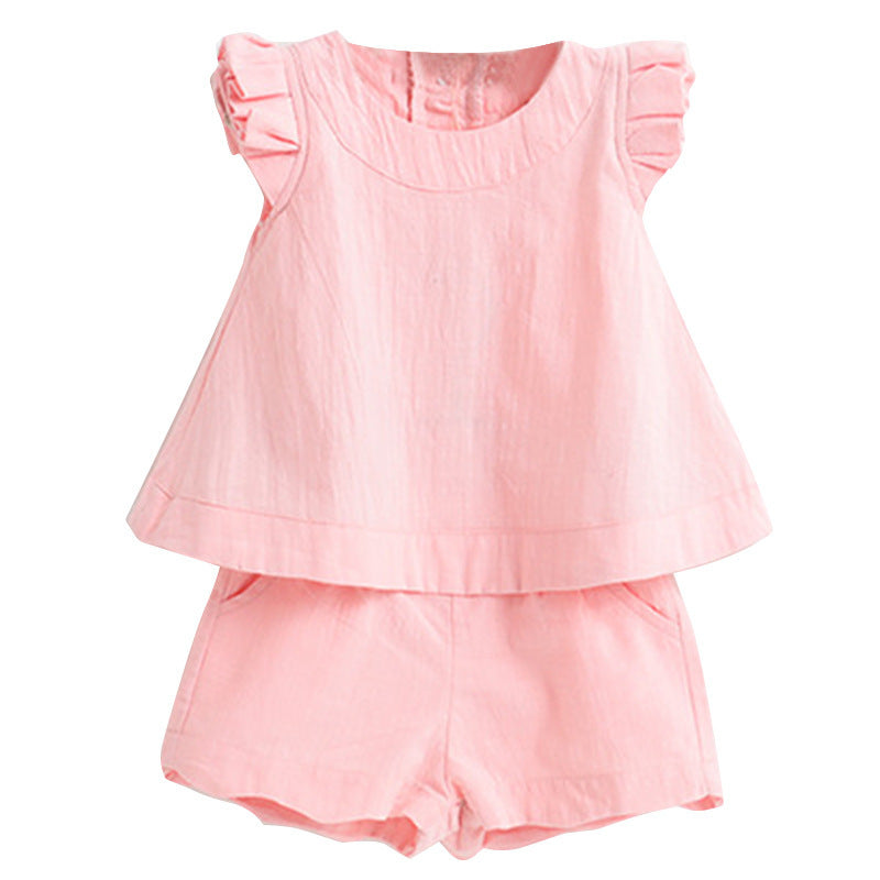 Summernew arrivalk-style fungus flying sleeves sleeveless pure colorsuitgirltwo-piece set children's clothing one piece dropshipping