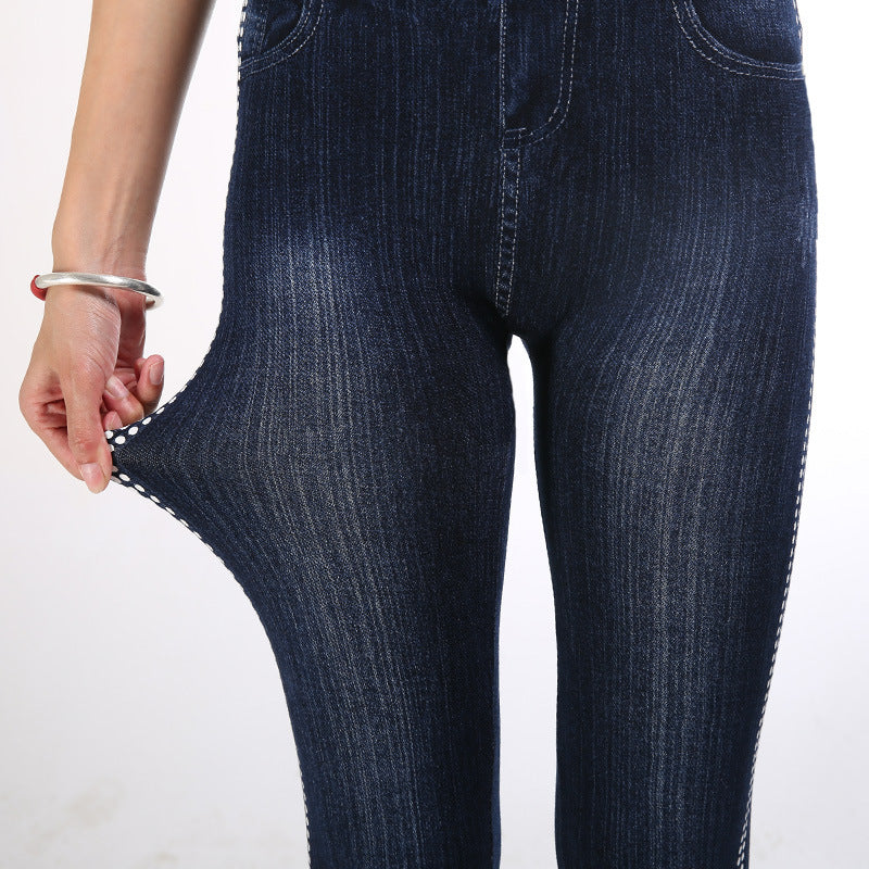 Ebay autumbest selling imitation denimhigh waist bottom pants for women cottonfashion side polka dot nine-point pants