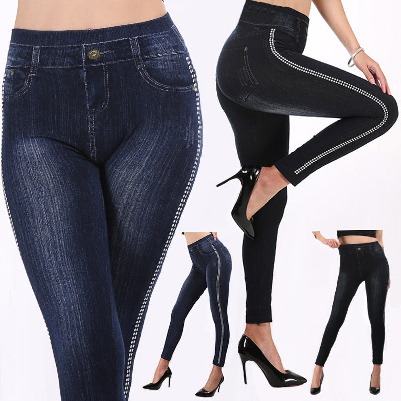 Ebay autumbest selling imitation denimhigh waist bottom pants for women cottonfashion side polka dot nine-point pants