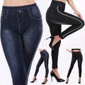 Ebay autumbest selling imitation denimhigh waist bottom pants for women cottonfashion side polka dot nine-point pants