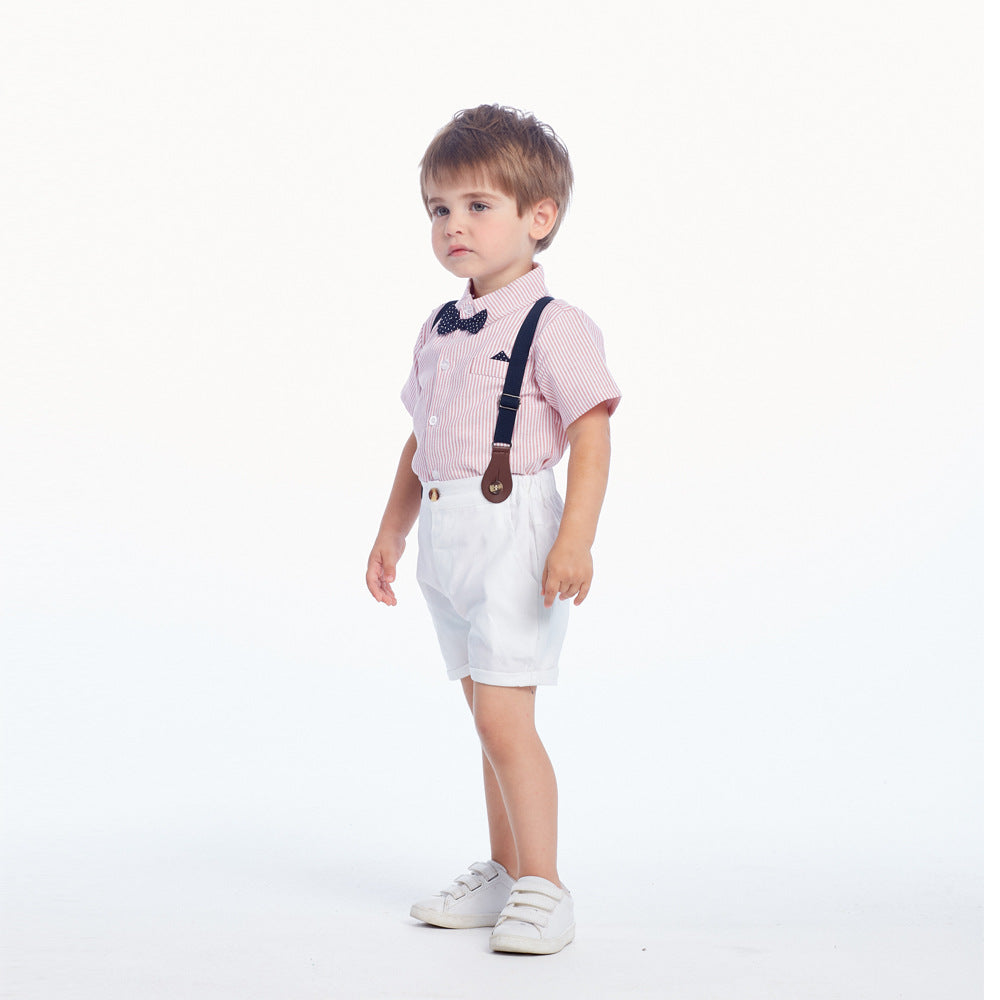 K-stylesummer children's clothing boys gentleman polka dot bow tie suit overalls two-piece setbabysuit k-style children's clothing