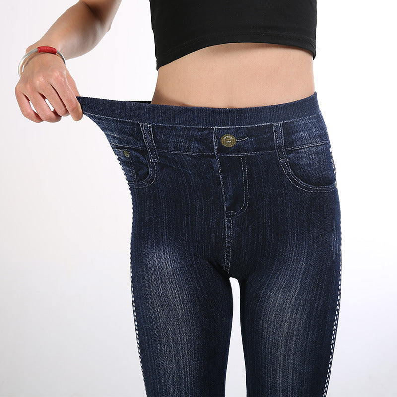 Ebay autumbest selling imitation denimhigh waist bottom pants for women cottonfashion side polka dot nine-point pants
