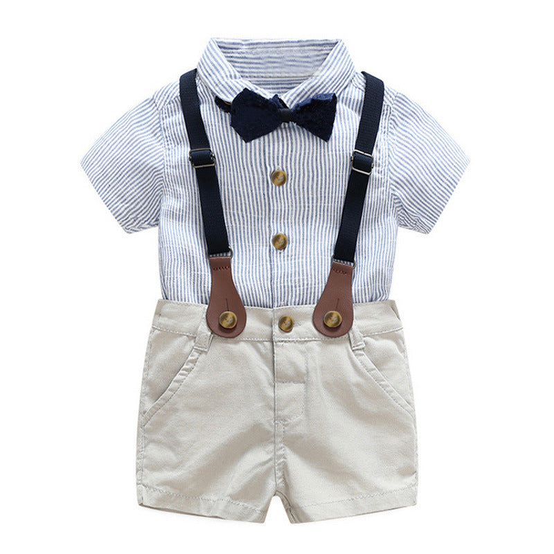 children's clothing set, korean style, boys' short-sleeved striped shirt, cotton overalls, performance outfit, gentleman's first birthday suit