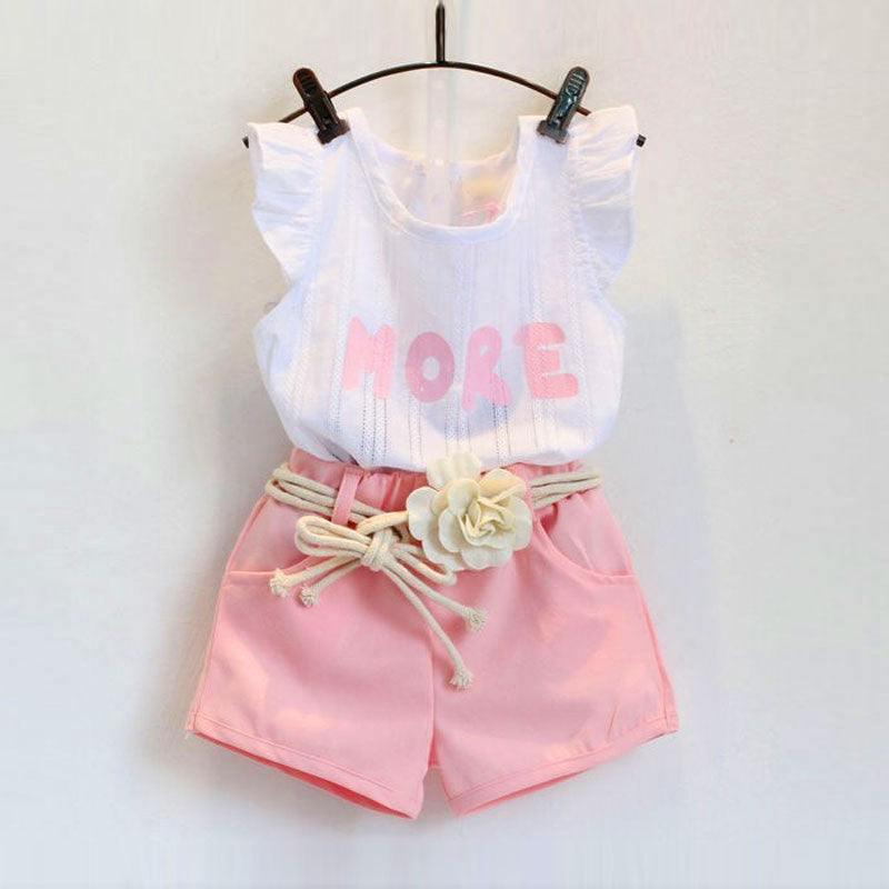 Girls' cotton blend flutter sleeve jacquard short-sleeve top + shorts two-piece set with floral belted princess pants - direct from the manufacturer