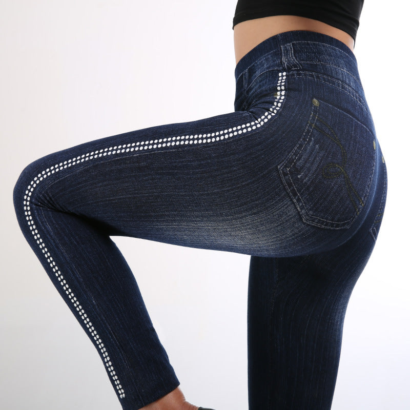 Ebay autumbest selling imitation denimhigh waist bottom pants for women cottonfashion side polka dot nine-point pants