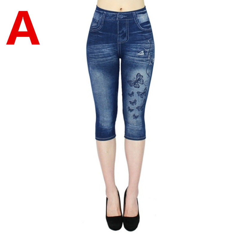 Wish  best selling imitation denim bottom pants women's cross-border women's clothing hot selling printing all-in-one pants