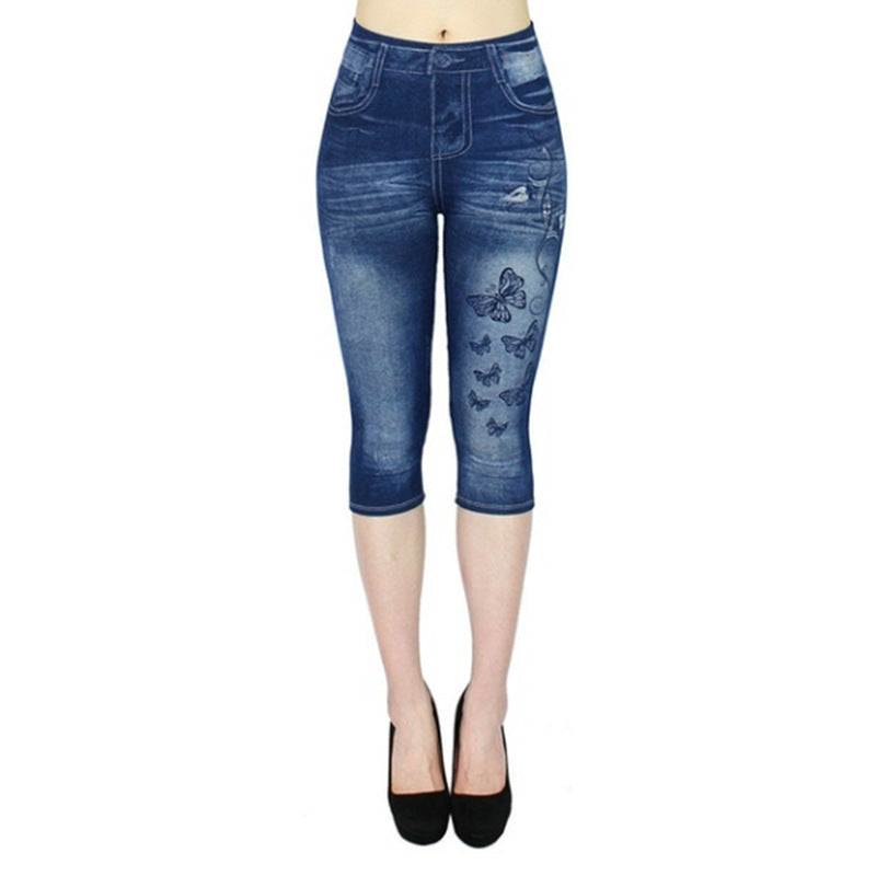 Wish  best selling imitation denim bottom pants women's cross-border women's clothing hot selling printing all-in-one pants
