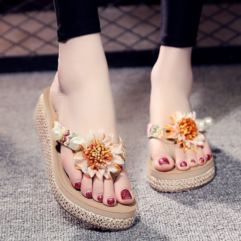 Fashioneasiest for match flip-flops women's platform sandals wedge heel thick sole flip-flops summer beach outwear medium heel vacation slippers