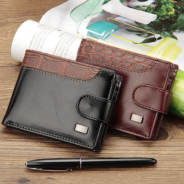 Factory direct sales, men's small card bag, European and American buckle short money ticket clip, splicing change bag, horizontal leather wallet, men