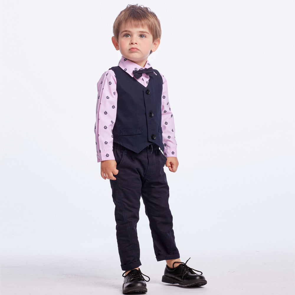 Boys' formal wear: gentleman's long-sleeve set for infants and toddlers - sailing print bodysuit, vest, and three-piece british style outfit